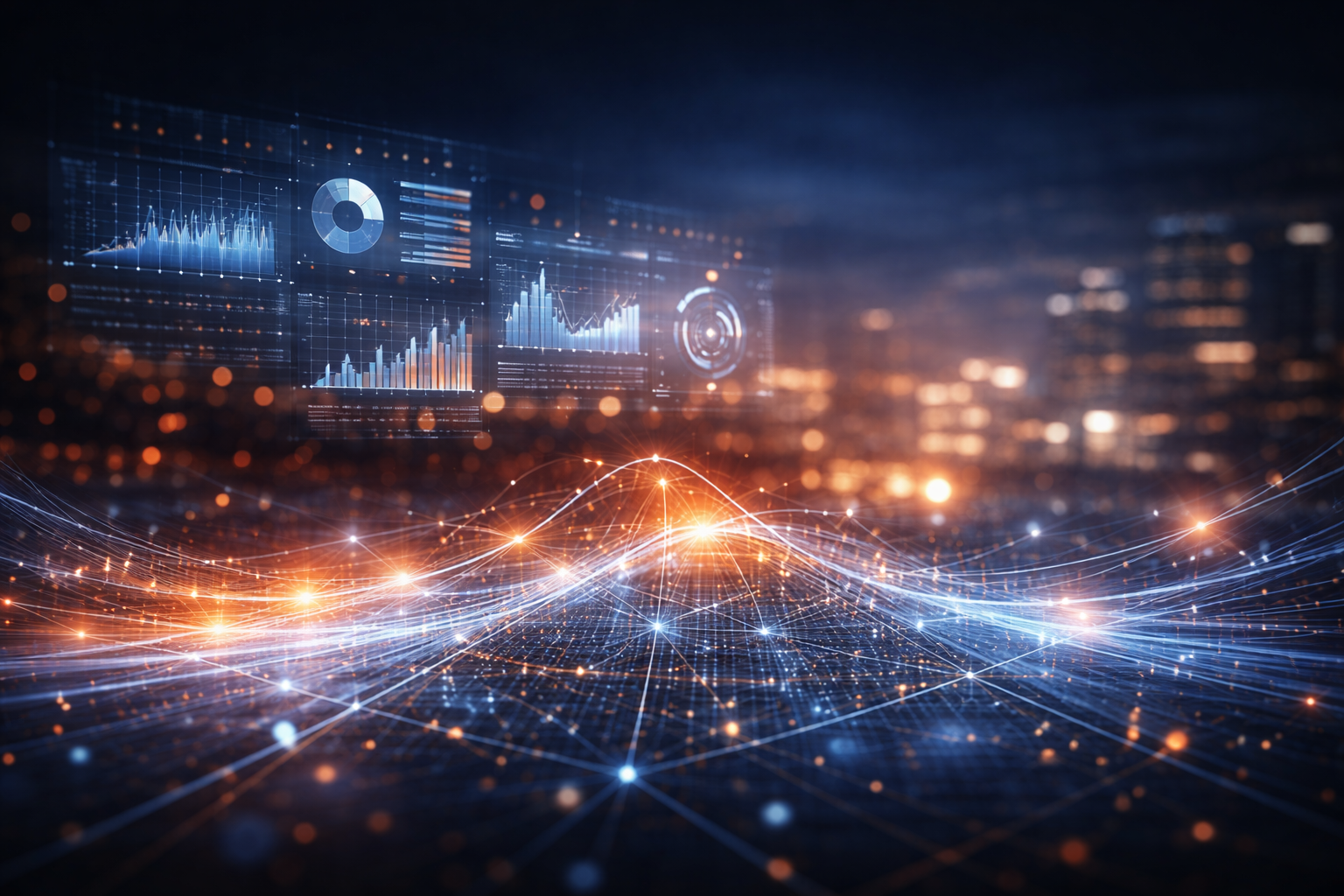 Abstract visualization of enterprise delivery models and transformation flows.